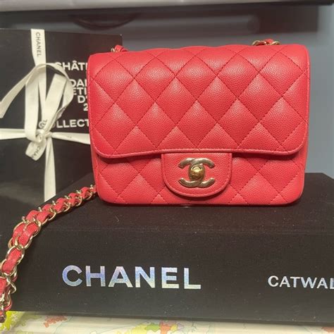 Chanel 17c Caviar Mini Square in Watermelon pink with gold